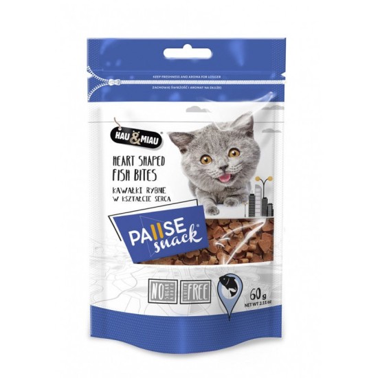 Hau&amp;Miau skanėstai katėms žuvies kąsneliai širdies formos 60g