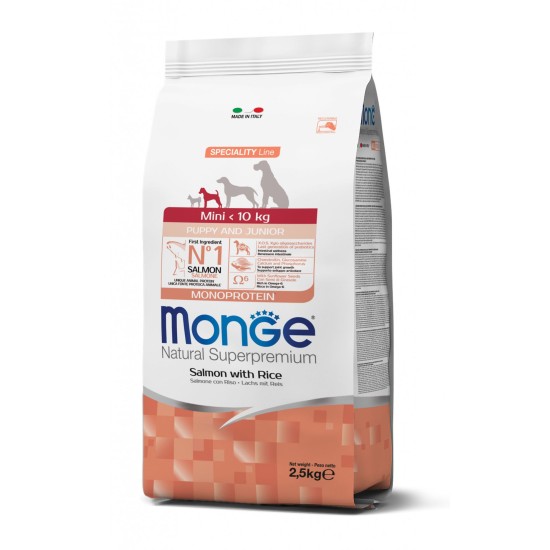 Monge spec.line monoprotein mini Puppy sausas pašaras mažų veislių jauniems šuniukams su lašiša ir ryžiais 2,5kg