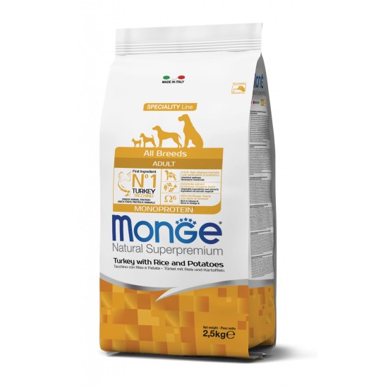 Monge spec. line monoprotein adult sausas pašaras visų veislių suaugusiems šunims su kalakutiena, ryžiais, bulvėmis 2,5kg
