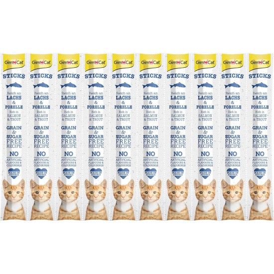 GimCat Sticks begrūdės lazdelės, su lašiša ir upėtakiu (10 vnt)