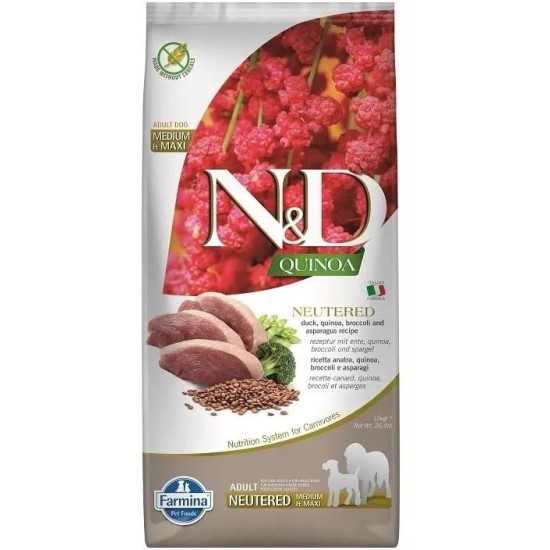 FARMINA N&amp;D QUINOA - DOG Dry NEUTERED Duck Broccoli&amp;Asparagus ADULT MED&amp;MAX 12 kg