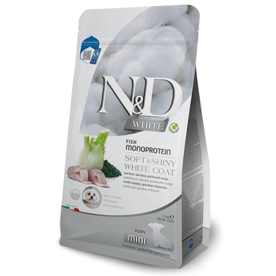 FARMINA N&amp;D WHITE - DOG Dry Sea Bass Spirulina&amp;Fennel PUPPY MINI 1 5 kg