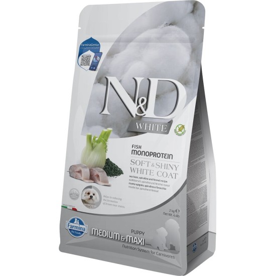 FARMINA N&amp;D WHITE - DOG Dry Sea Bass Spirulina&amp;Fennel PUPPY MED&amp;MAX 2 kg