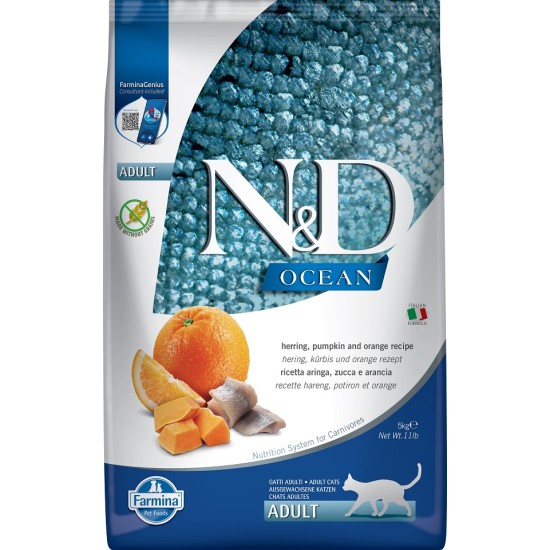 FARMINA N&amp;D OCEAN - CAT Dry Herring Pumpkin&amp;Orange ADULT 5 kg