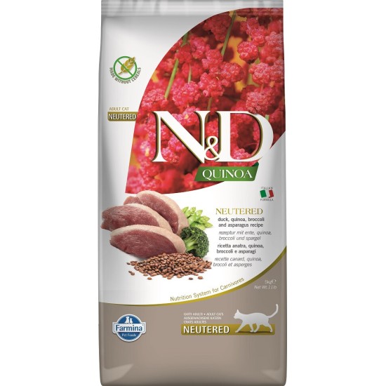 FARMINA N&amp;D QUINOA - CAT Dry NEUTERED Duck Broccoli&amp;Asparagus ADULT 5 kg