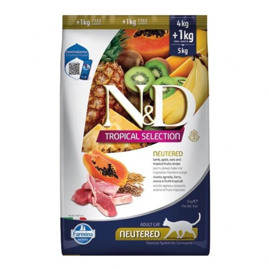 FARMINA N&amp;D TROPICAL SELECTION - CAT Dry Lamb, Spelt, Oats NEUTERED 4+1 kg