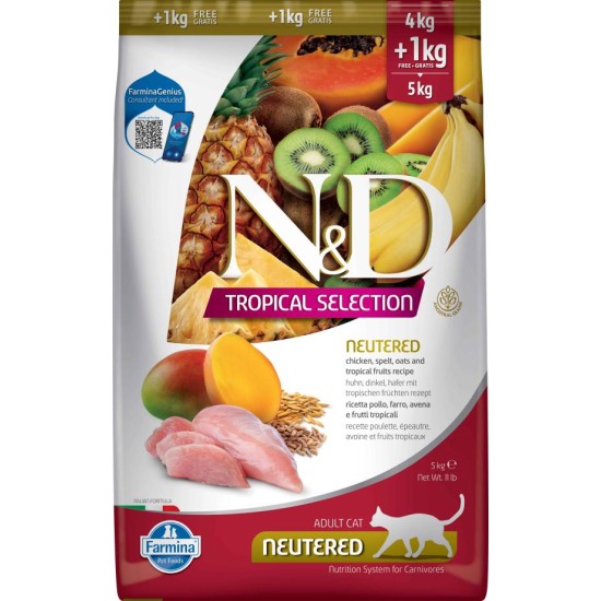 FARMINA N&amp;D TROPICAL SELECTION - CAT Dry Chicken, Spelt, Oats NEUTERED 4+1 kg