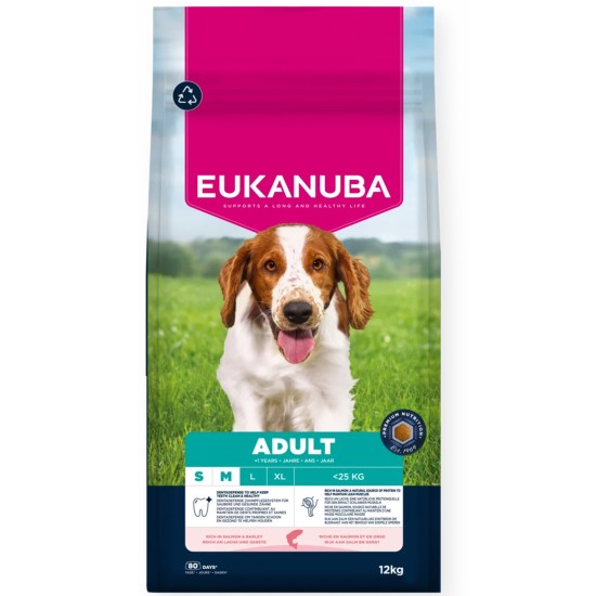 Eukanuba Dog Salmon Barley S/M breed 12 kg, su lašiša ir miežiais