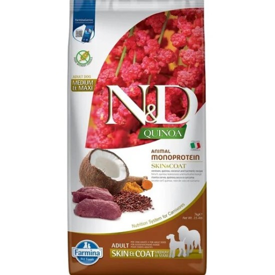 FARMINA N&D QUINOA - SKIN&COAT Venison&Coconut ADULT MED&MAX sausas maistas šunims