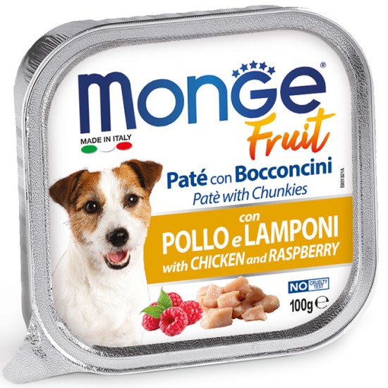 M13215 Monge Fruit - Wet Dog PATE & CHUNKIES CHICKEN & RASPBERRY 100 g
