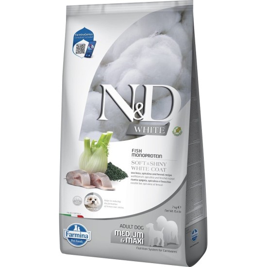 F44648 FARMINA N&D WHITE - DOG Dry Sea Bass Spirulina&Fennel ADULT MED&MAX 7 kg
