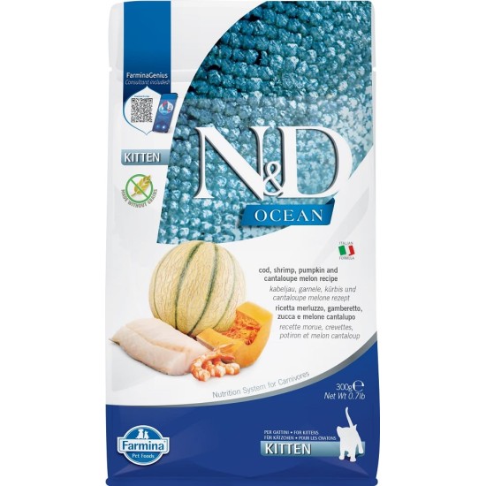 F38845 FARMINA N&D OCEAN - CAT Dry Cod Shrimp Pumpkin&Cantaloupe KITTEN 300 gr (pak.16)
