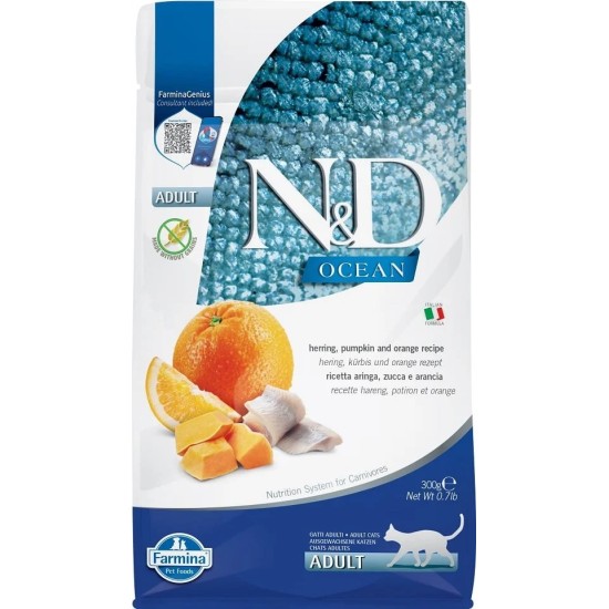 F36735 FARMINA N&D OCEAN - CAT Dry Herring Pumpkin&Orange ADULT 300 g (pak.16)