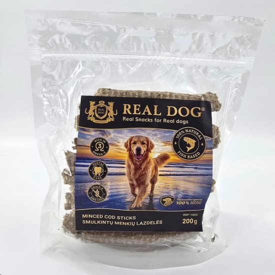 R70509 RDF-1002 REAL DOG SNACKS Smulkintų menkių lazdelės 200g