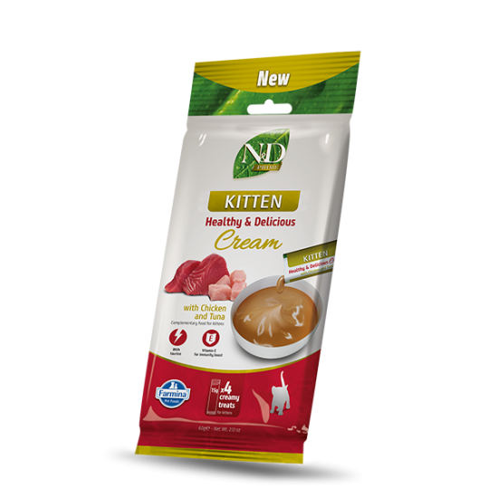 F08897 FARMINA N&D PRIME CAT - CREAM with Chicken&Tuna KITTEN 4x15g (pak15)