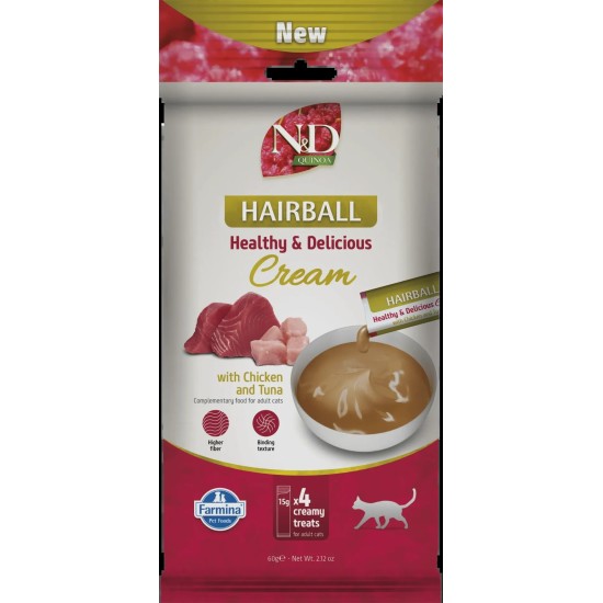 F08958 FARMINA N&D QUINOA CAT HAIRBALL - CREAM with Chicken&Tuna 4x15g (pak15)